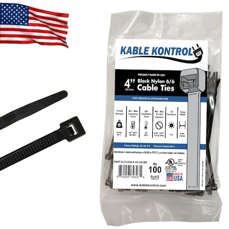 Kable Kontrol Cable Tie, 4 in L, Black, Nylon 6/6, 18 lb Strength, 100 PK CTUSA-04-18-100-BK